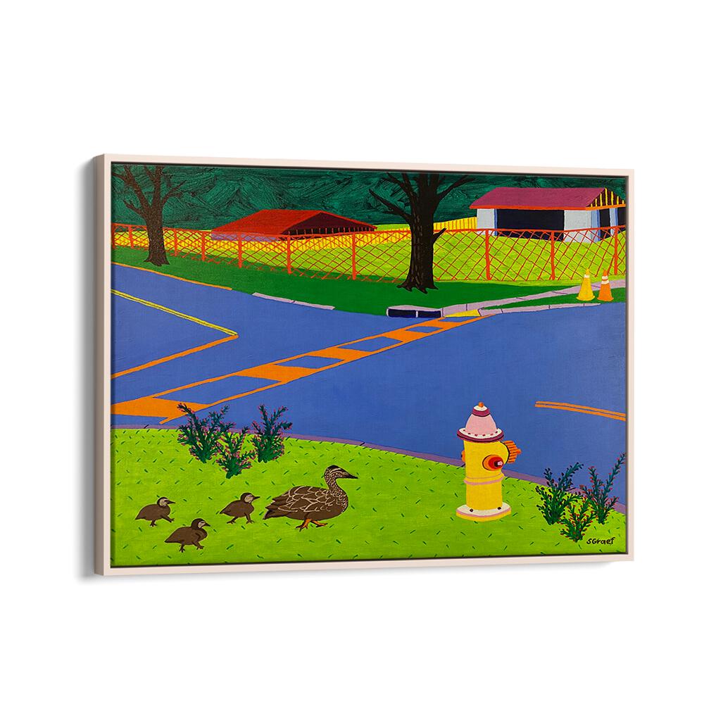 fire hydrant and ducks landscape art prints in Oak Wood Floater Frame