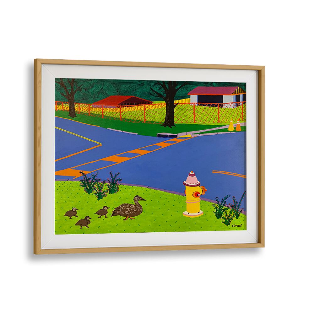 fire hydrant and ducks landscape art prints in Oak Wood Frame With Mount