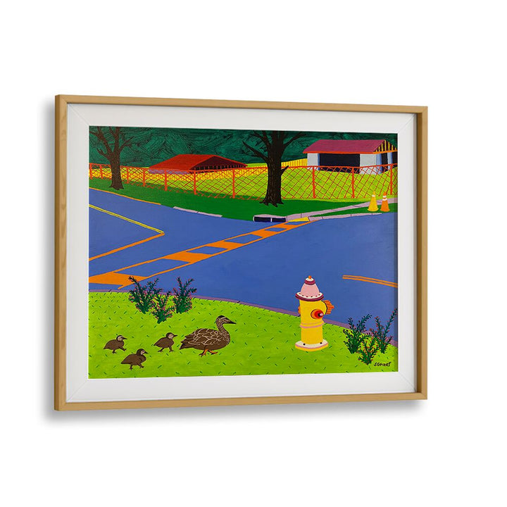 fire hydrant and ducks landscape art prints in Oak Wood Frame With Mount