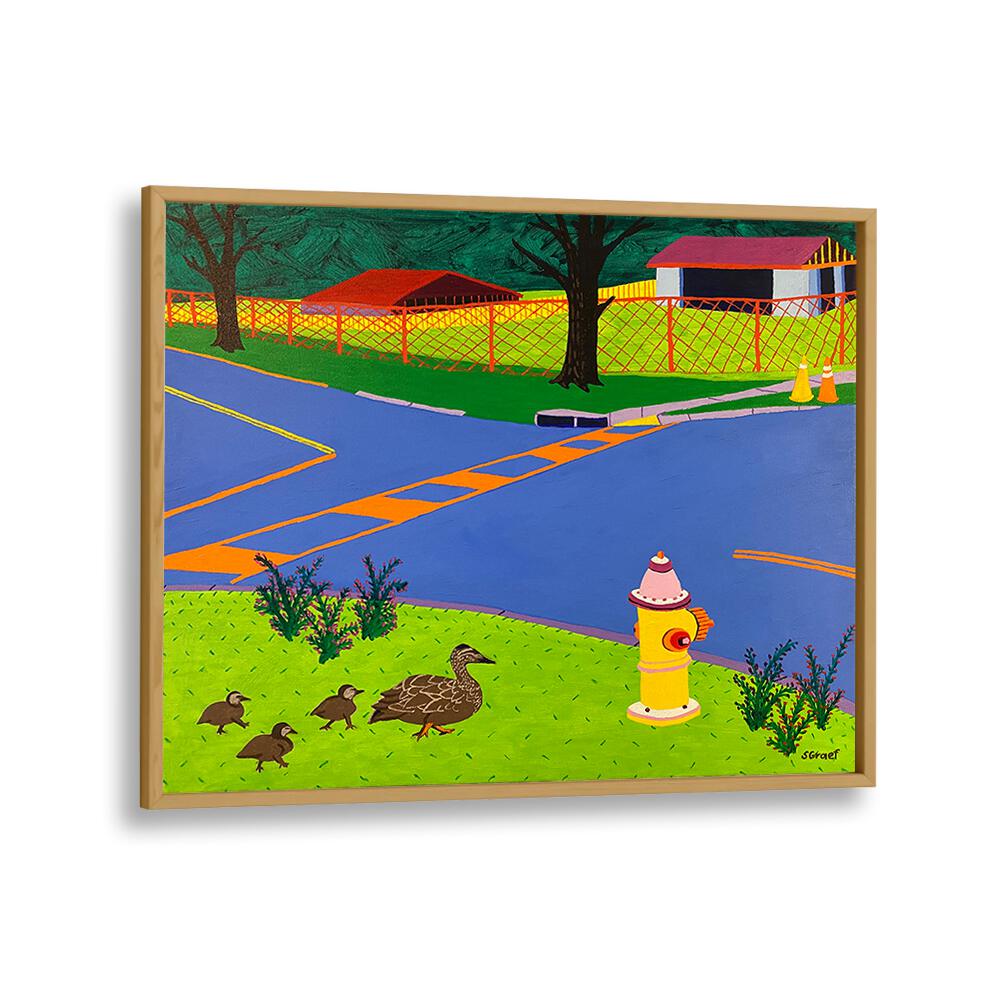 fire hydrant and ducks landscape art prints in Oak Wood Plain Frame