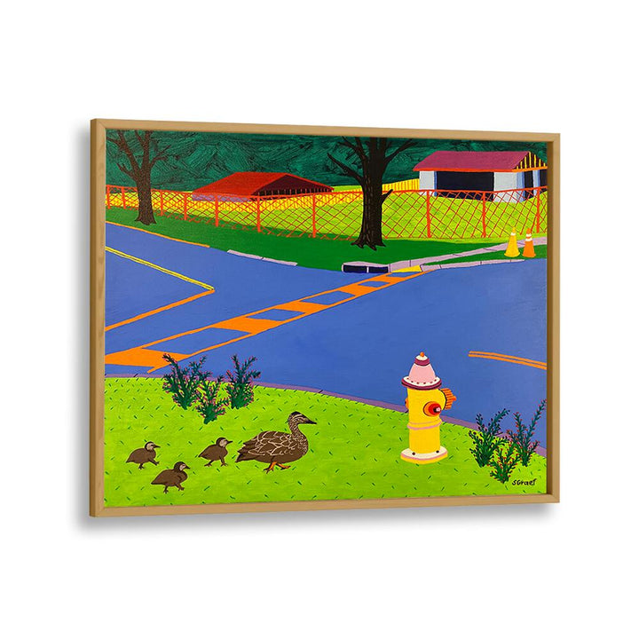 fire hydrant and ducks landscape art prints in Oak Wood Plain Frame