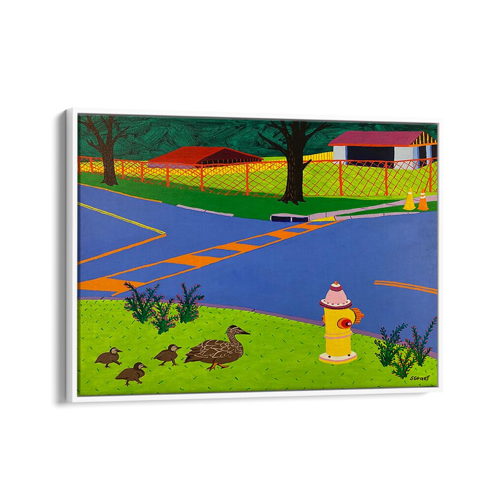 fire hydrant and ducks landscape art prints in White Floater Frame