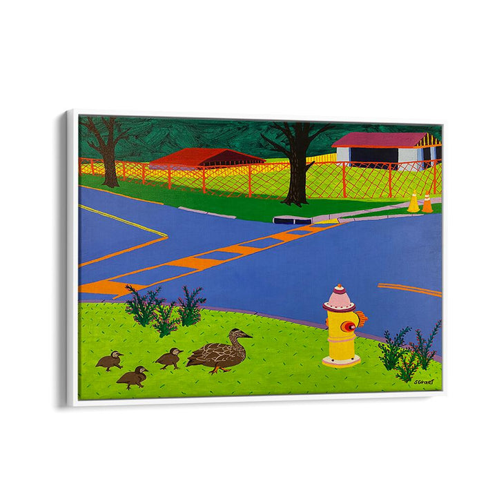 fire hydrant and ducks landscape art prints in White Floater Frame