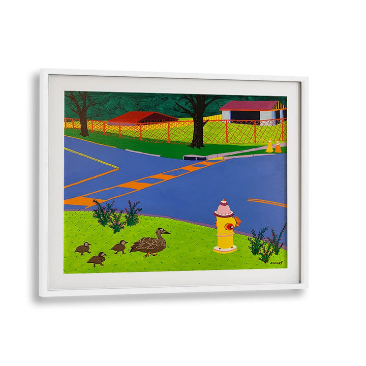 fire hydrant and ducks landscape art prints in White Frame With Mount