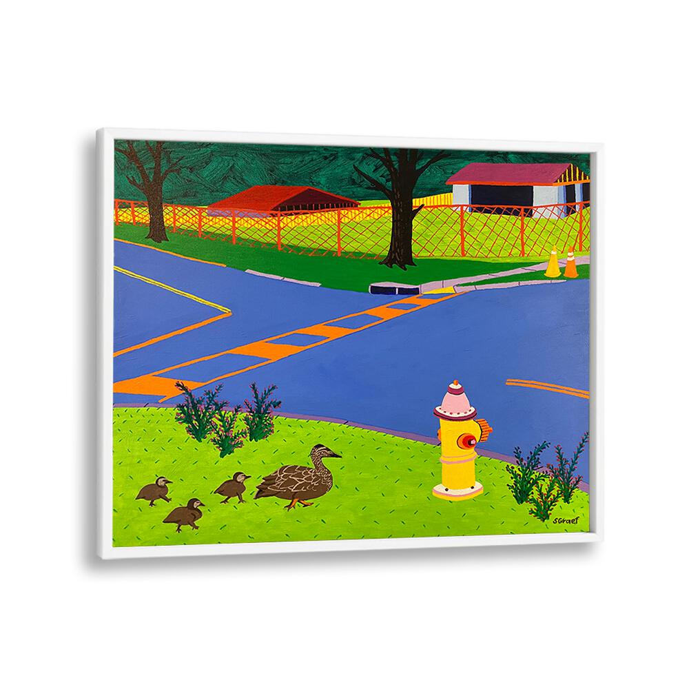 fire hydrant and ducks landscape art prints in White Plain Frame