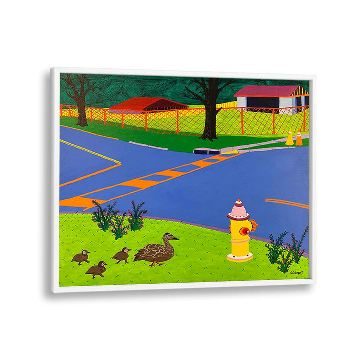 fire hydrant and ducks landscape art prints in White Plain Frame