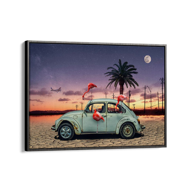 flamingos ate my car car poster in Black Floater Frame