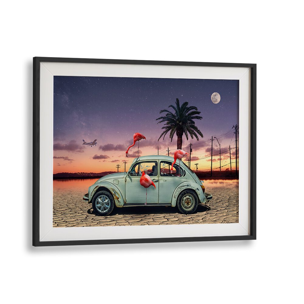 flamingos ate my car car poster in Black Frame With Mount