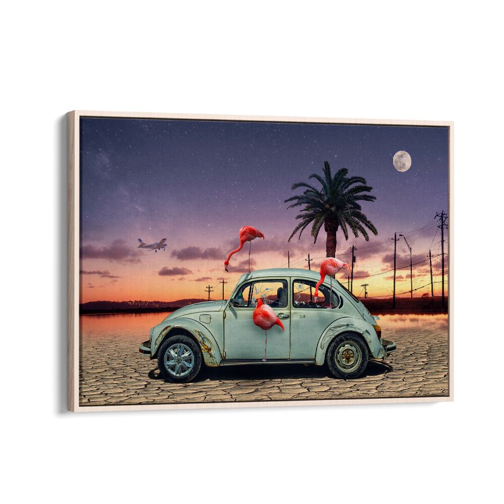 flamingos ate my car car poster in Oak Wood Floater Frame