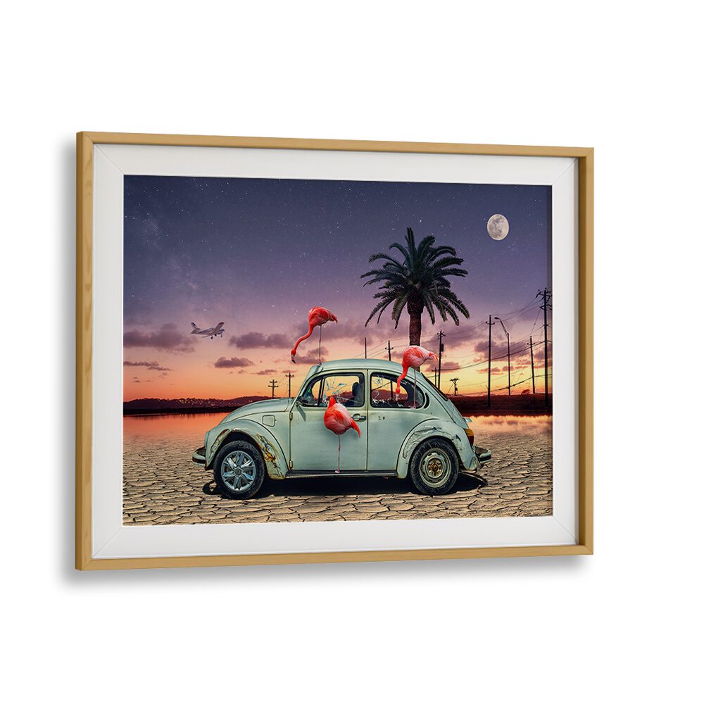 flamingos ate my car car poster in Oak Wood Frame With Mount