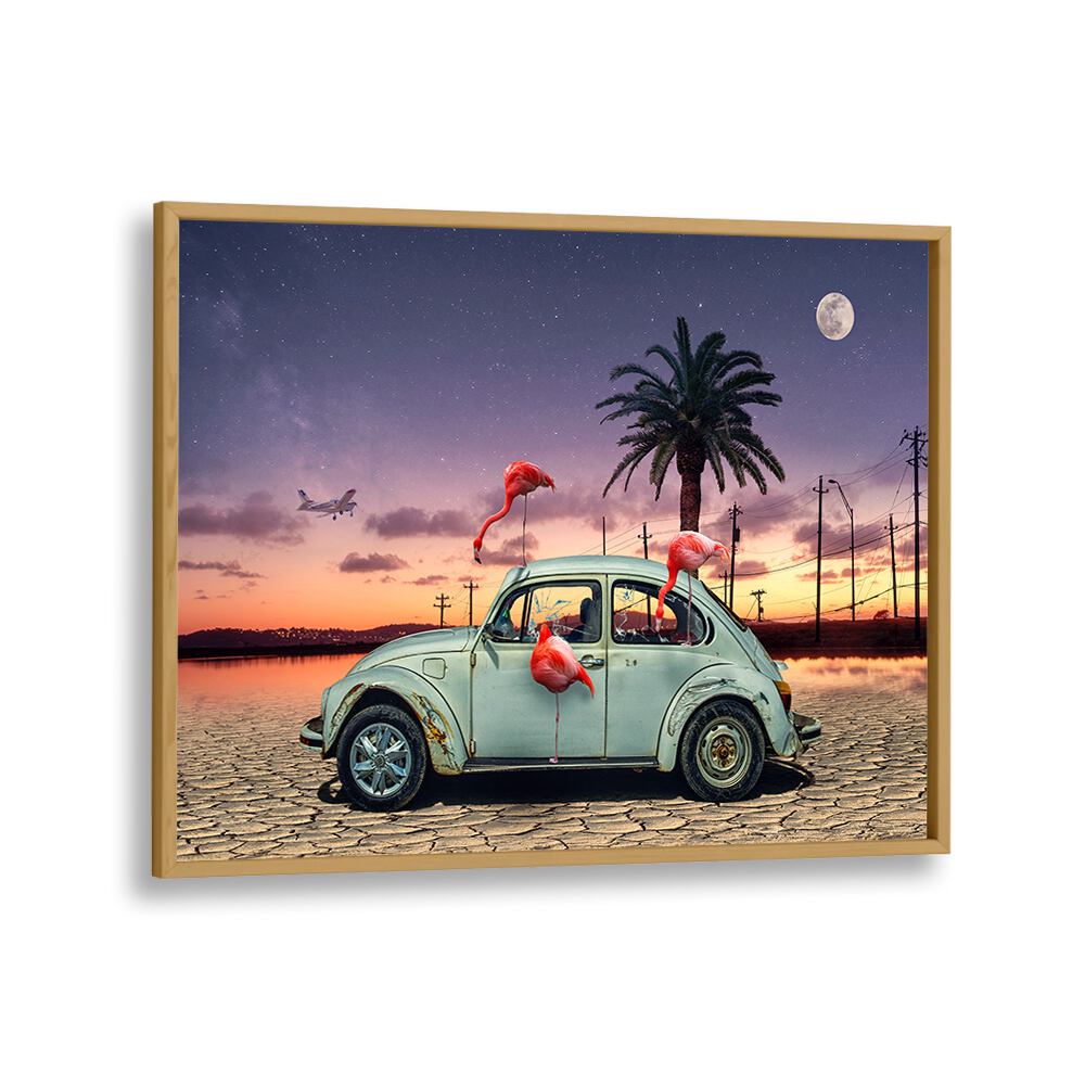 flamingos ate my car car poster in Oak Wood Plain Frame