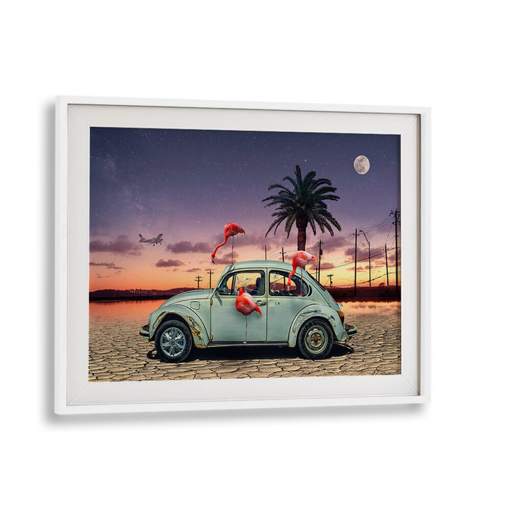 flamingos ate my car car poster in White Frame With Mount