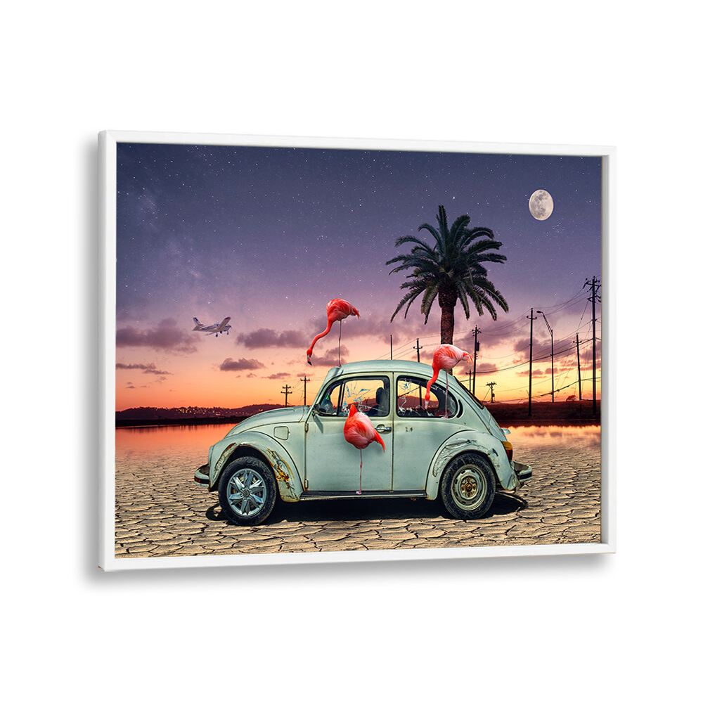 flamingos ate my car car poster in White Plain Frame