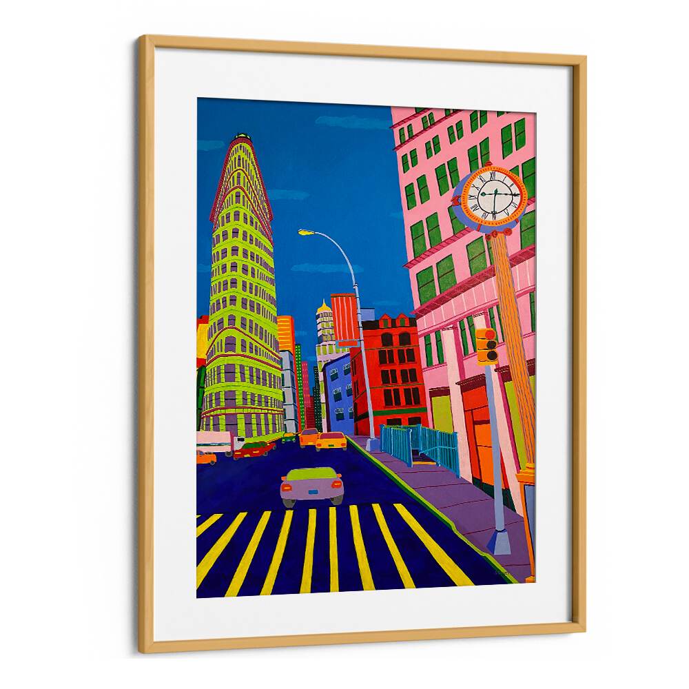 flatiron building landscape art prints in Oak Wood Frame With Mount