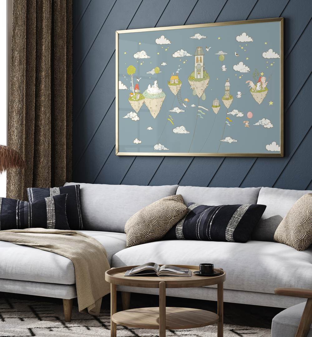 floating islands nightblue by sue skellern kids room paintings kids room wallart Artwork IV placed on a wall