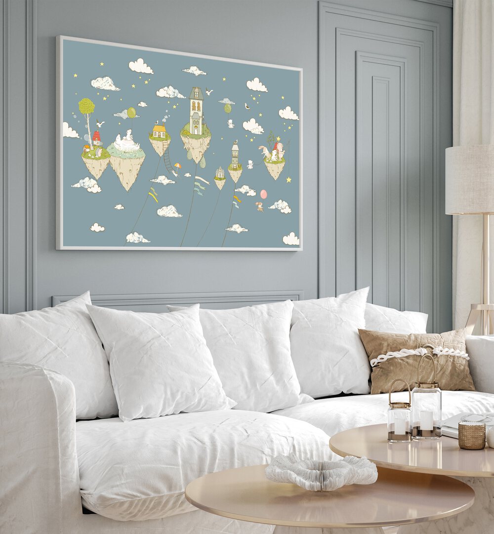 floating islands nightblue by sue skellern kids room paintings kids room wallart Artwork  placed on a wall