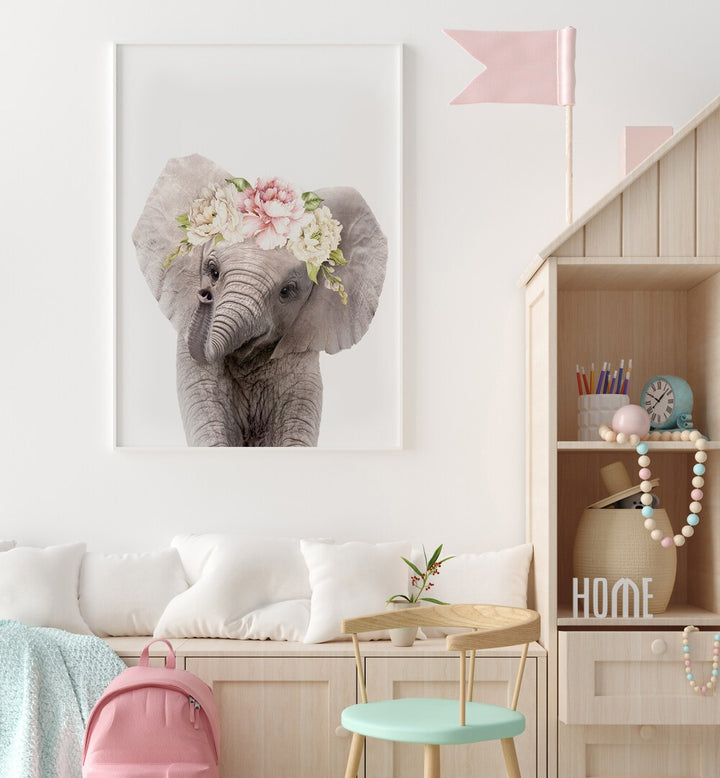 floral baby elephant by lola peacock kids room paintings Artwork II placed on a wall