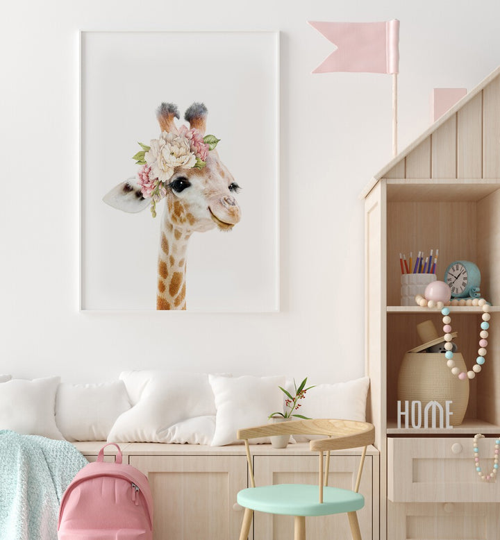 floral baby giraffe by lola peacock kids room paintings Artwork II placed on a wall