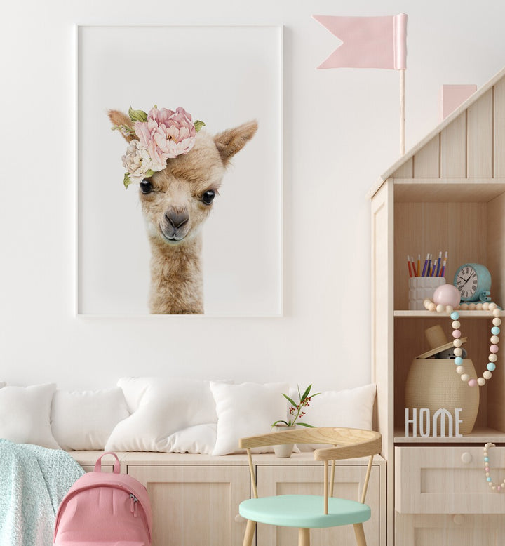 floral baby llama by lola peacock kids room paintings Artwork II placed on a wall