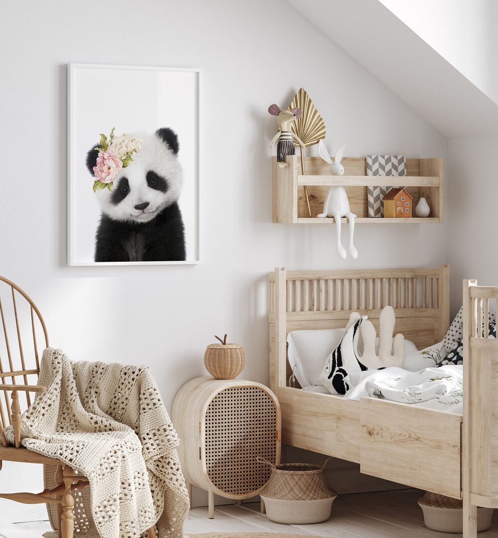 floral baby panda by lola peacock kids room paintings Artwork II placed on a wall