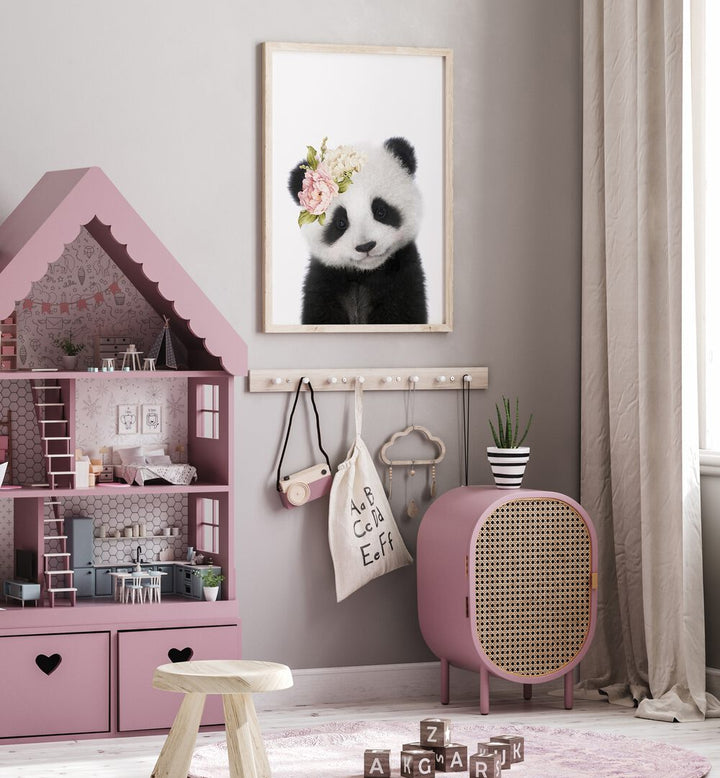 floral baby panda by lola peacock kids room paintings Artwork IV placed on a wall