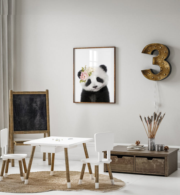 floral baby panda by lola peacock kids room paintings Artwork V placed on a wall