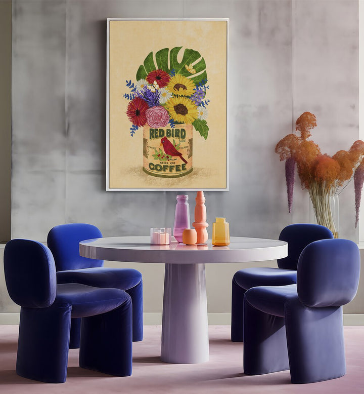 FLOWERS IN A VINTAGE COFFEE ,  FLORAL FLOWER PAINTING