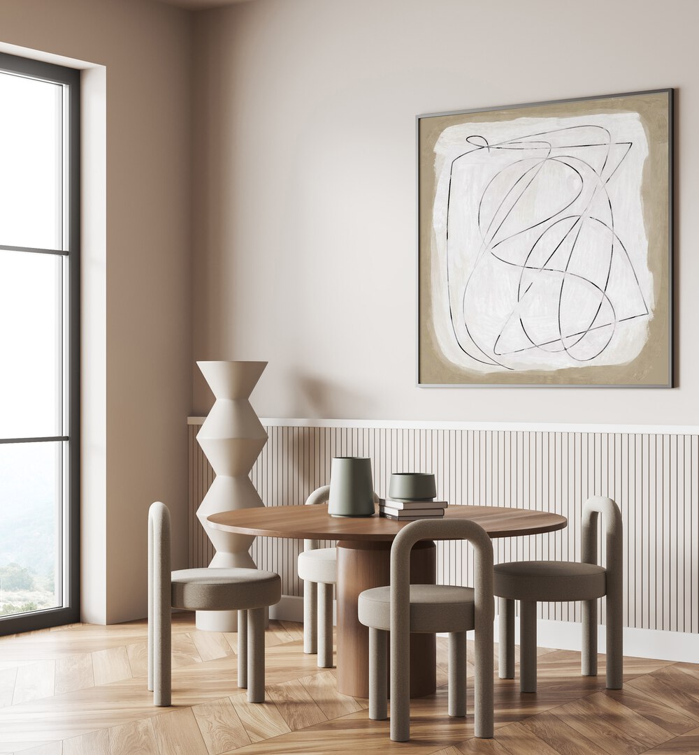 Stylish dining area featuring FORMAT, ABSTRACT PAINTINGS by Dan Hobday, enhancing modern elegance and creativity.