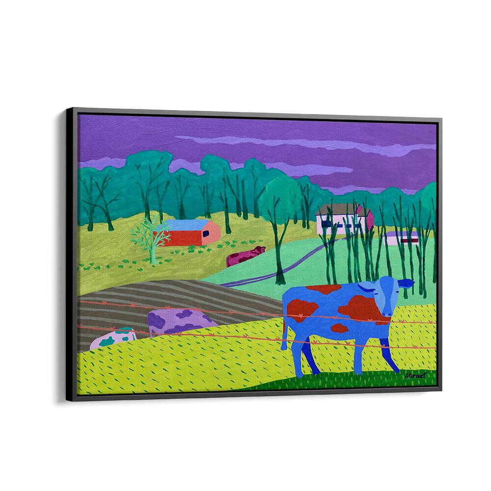 four cows landscape art prints in Black Floater Frame