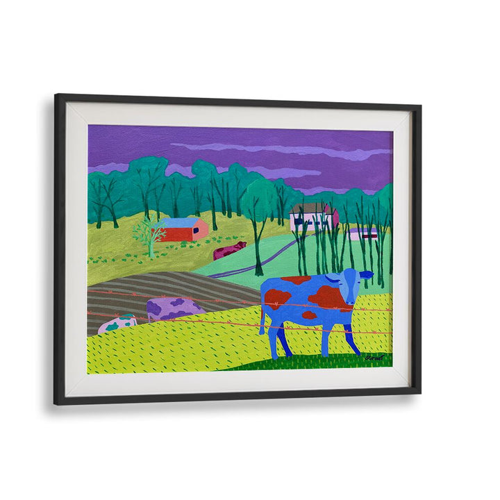 four cows landscape art prints in Black Frame With Mount