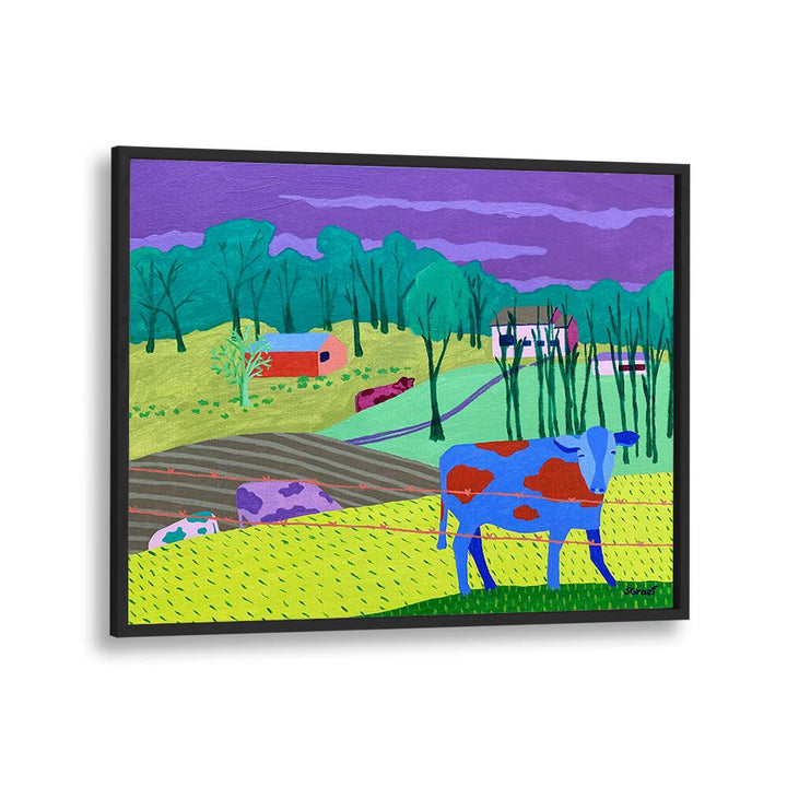 four cows landscape art prints in Black Plain Frame