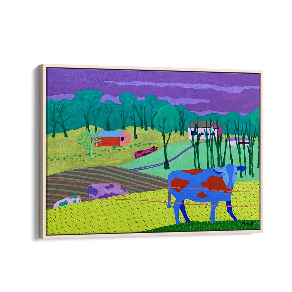 four cows landscape art prints in Oak Wood Floater Frame