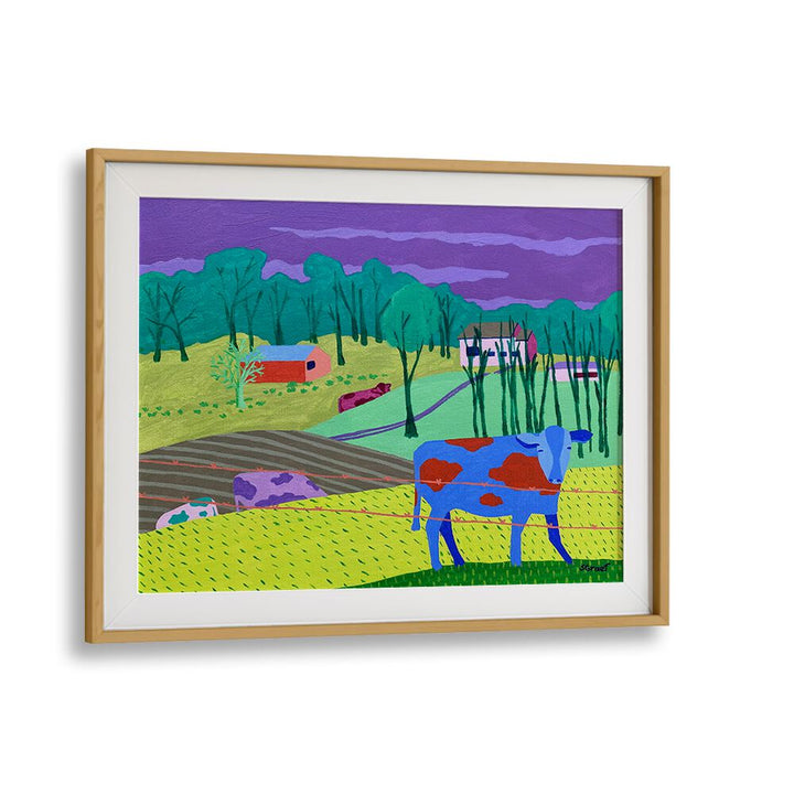 four cows landscape art prints in Oak Wood Frame With Mount