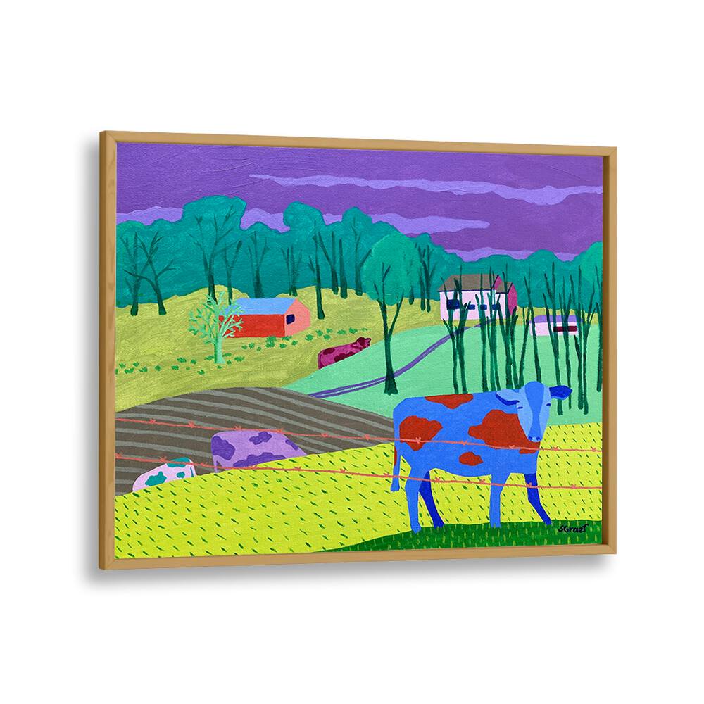 four cows landscape art prints in Oak Wood Plain Frame