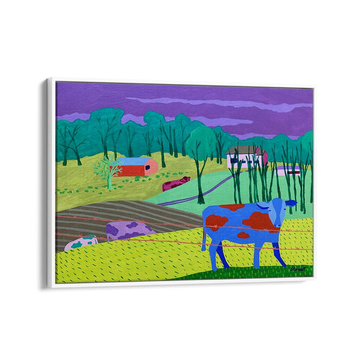 four cows landscape art prints in White Floater Frame