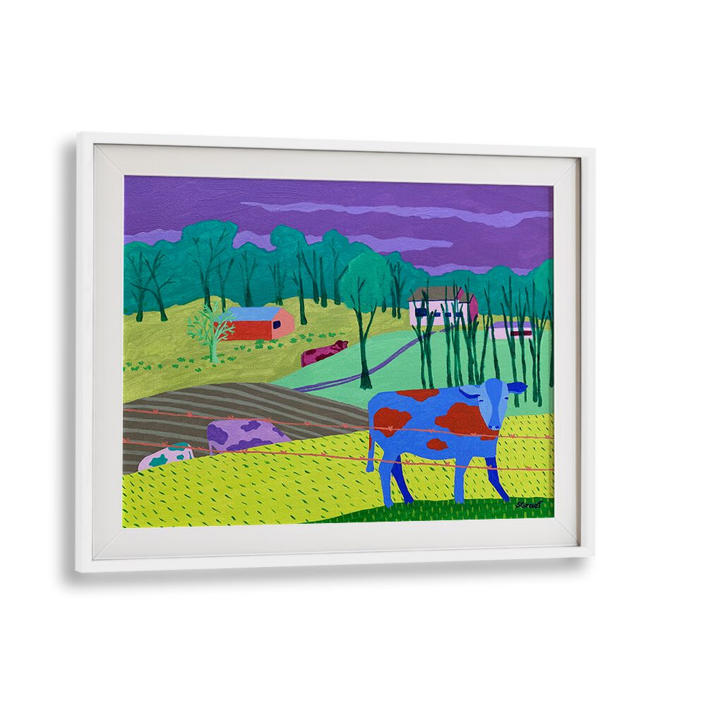 four cows landscape art prints in White Frame With Mount