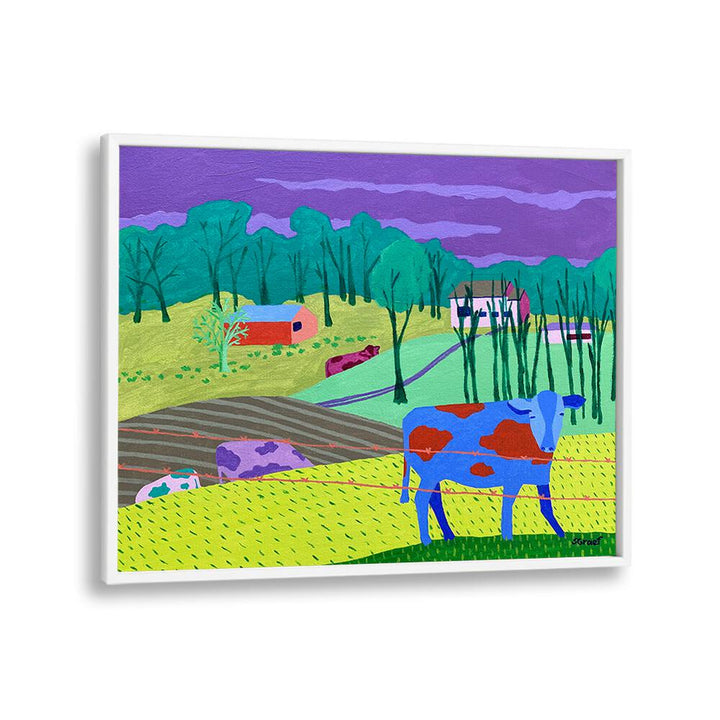 four cows landscape art prints in White Plain Frame