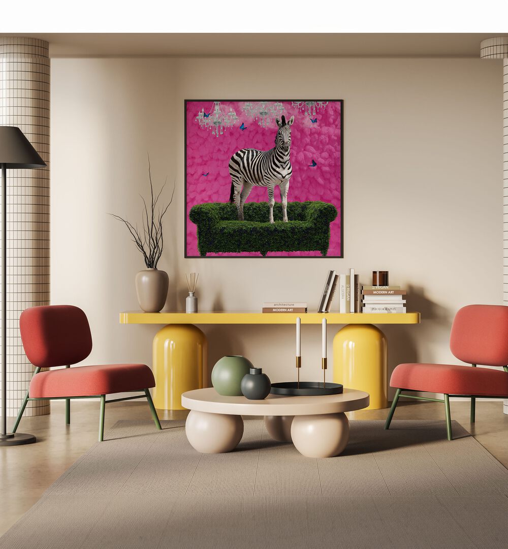 free spirited zebra on a green settee by sue skellern wildlife posters wildlife paintings Artwork I placed on a wall