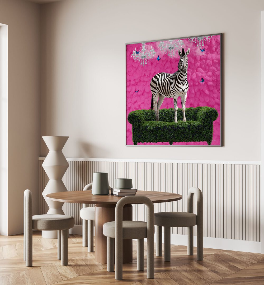 free spirited zebra on a green settee by sue skellern wildlife posters wildlife paintings Artwork II placed on a wall