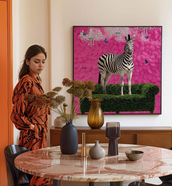 free spirited zebra on a green settee by sue skellern wildlife posters wildlife paintings Artwork III placed on a wall