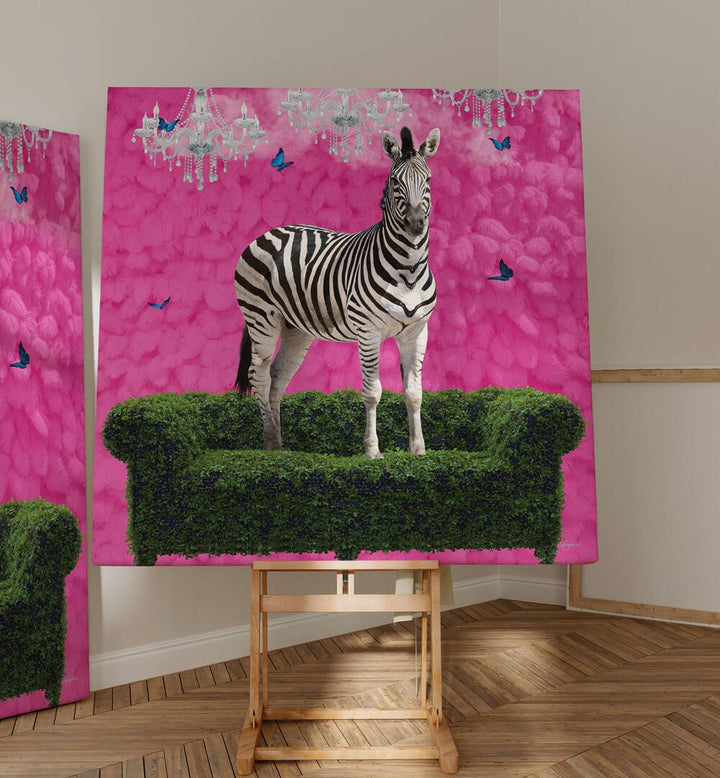 free spirited zebra on a green settee by sue skellern wildlife posters wildlife paintings Artwork IV placed on a wall