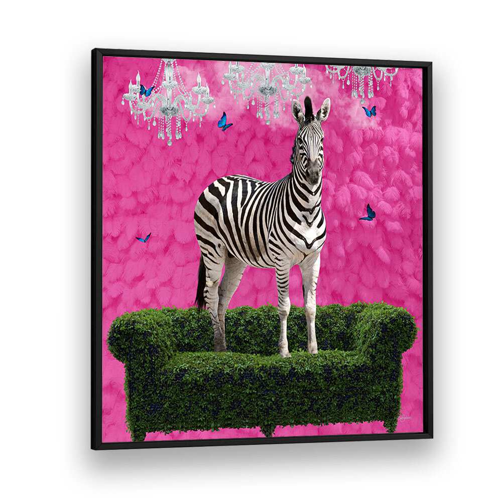 free spirited zebra on a green settee by sue skellern wildlife posters wildlife paintings in Black Plain Frame