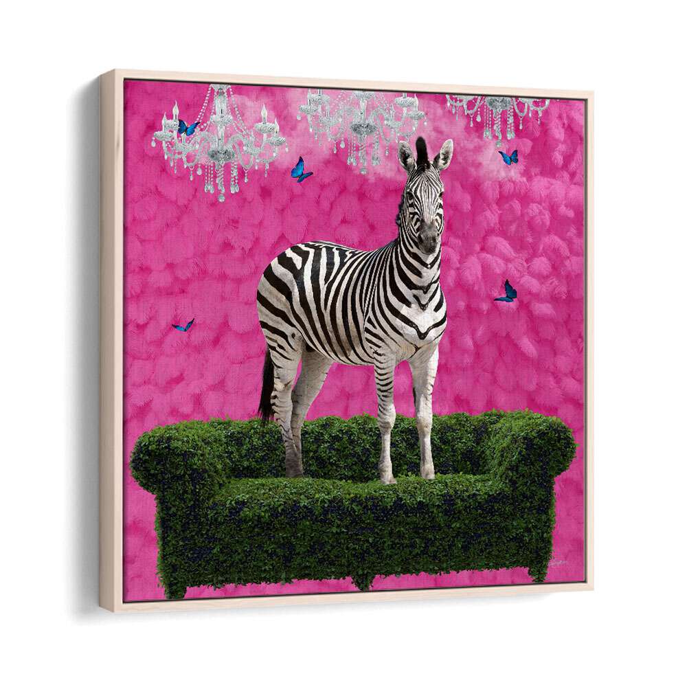 free spirited zebra on a green settee by sue skellern wildlife posters wildlife paintings in Oak Wood Floater Frame