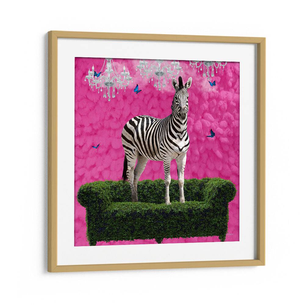 free spirited zebra on a green settee by sue skellern wildlife posters wildlife paintings in Oak Wood Frame With Mount