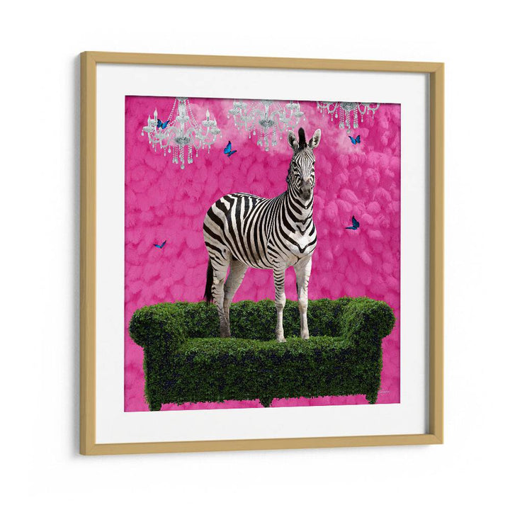 free spirited zebra on a green settee by sue skellern wildlife posters wildlife paintings in Oak Wood Frame With Mount