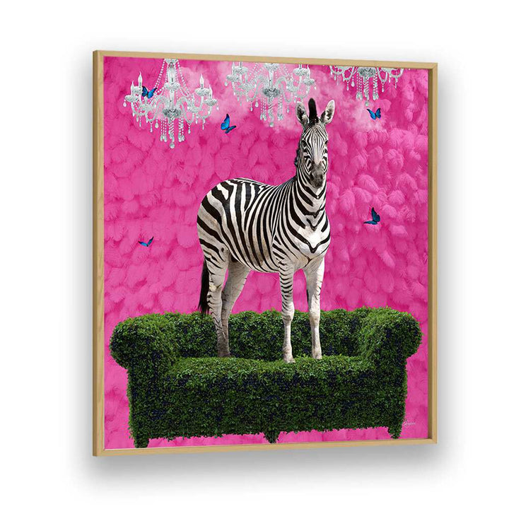 free spirited zebra on a green settee by sue skellern wildlife posters wildlife paintings in Oak Wood Plain Frame