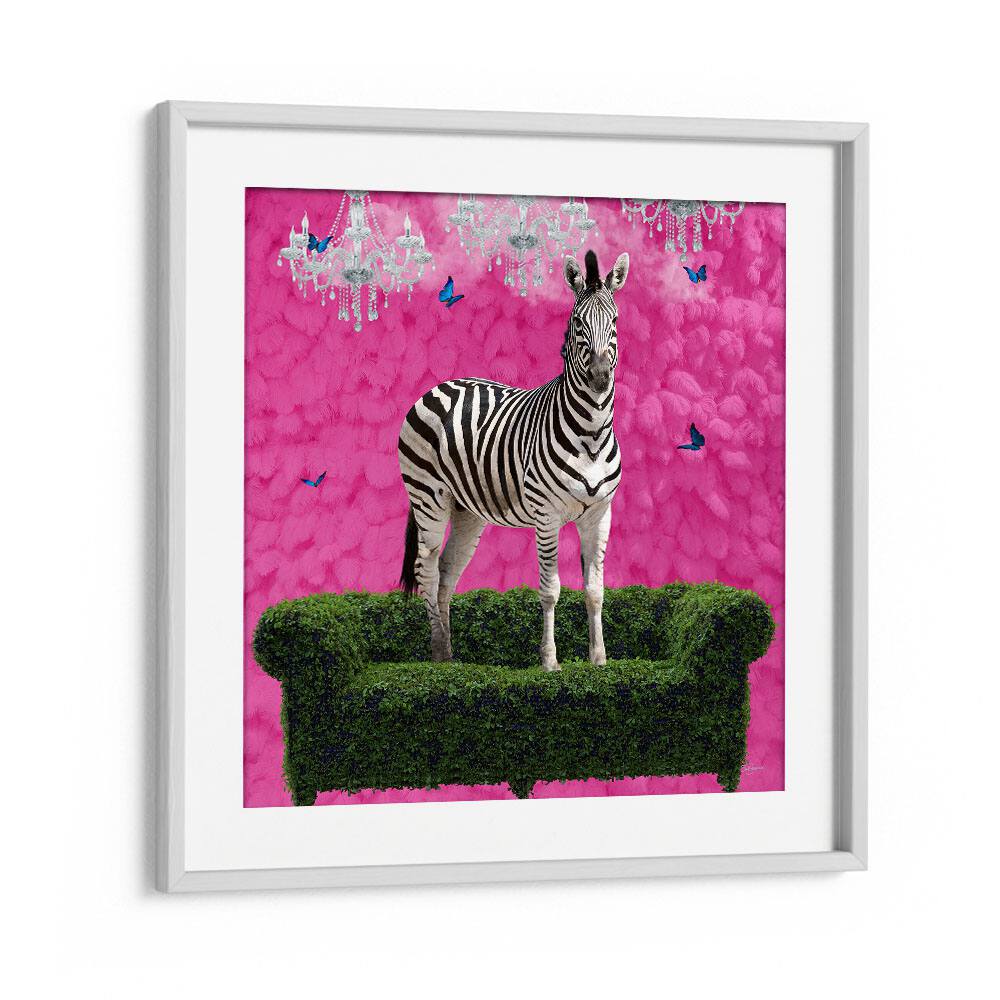 free spirited zebra on a green setteeby sue skellern wildlife posters wildlife paintings in White Frame With Mount