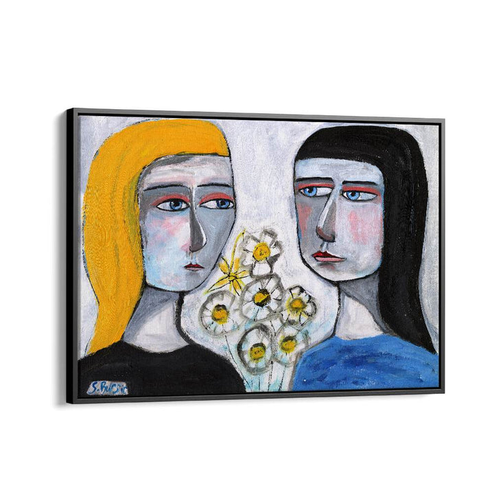 friendship women illustration paintings in Black Floater Frame