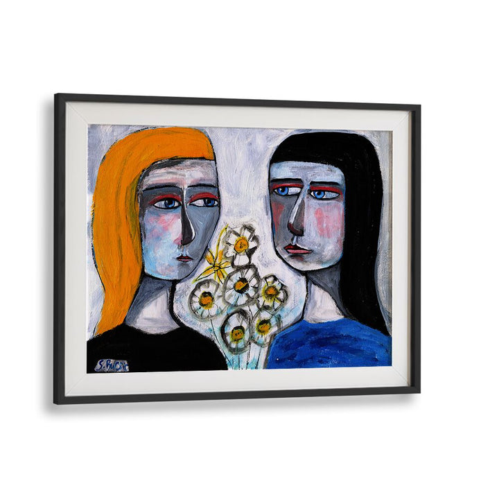 friendship women illustration paintings in Black Frame With Mount