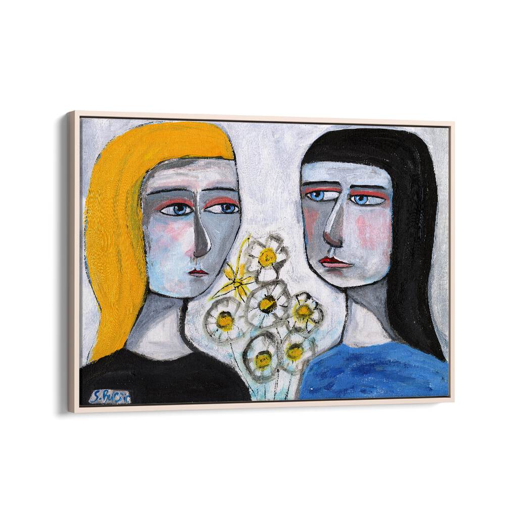 friendship women illustration paintings in Oak Wood Floater Frame